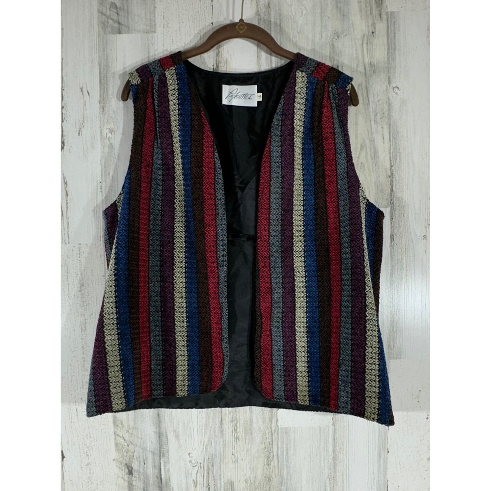 Pykettes Vest Multicolor Striped Vintage Open Front Textured Chenille Knit READ